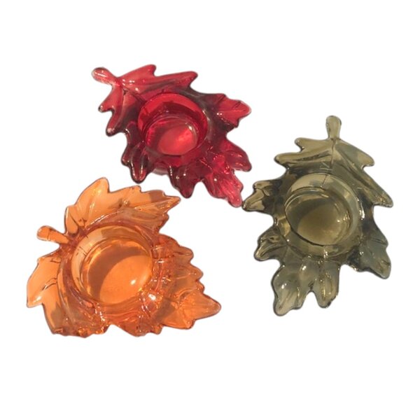 3 Fall Leaves Glass LED Tea Light Votive Candle Holders - Picture 4 of 6